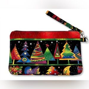 Laurel Burch Christmas Cat Bird Print Wristlet With Zipper Closure Festive
